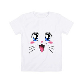 Детская футболка хлопок с принтом Японская кошечка в Курске, 100% хлопок | круглый вырез горловины, полуприлегающий силуэт, длина до линии бедер | аниме | глаза | глазки | девушкам | киса | кот | коте | котенок | кошечка | кошка | милые создания | мордочка | японская кошечка