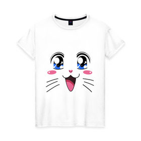 Женская футболка хлопок с принтом Японская кошечка в Курске, 100% хлопок | прямой крой, круглый вырез горловины, длина до линии бедер, слегка спущенное плечо | аниме | глаза | глазки | девушкам | киса | кот | коте | котенок | кошечка | кошка | милые создания | мордочка | японская кошечка