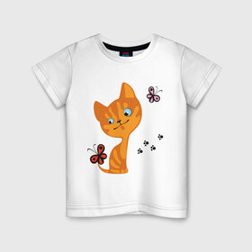 Детская футболка хлопок с принтом Котенок с бабочками в Курске, 100% хлопок | круглый вырез горловины, полуприлегающий силуэт, длина до линии бедер | Тематика изображения на принте: для девушек | котенок | котенок с бабочкой | кошки