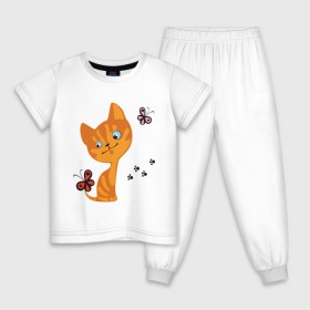 Детская пижама хлопок с принтом Котенок с бабочками в Курске, 100% хлопок |  брюки и футболка прямого кроя, без карманов, на брюках мягкая резинка на поясе и по низу штанин
 | для девушек | котенок | котенок с бабочкой | кошки