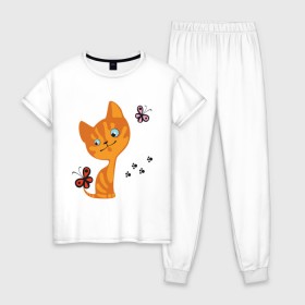 Женская пижама хлопок с принтом Котенок с бабочками в Курске, 100% хлопок | брюки и футболка прямого кроя, без карманов, на брюках мягкая резинка на поясе и по низу штанин | для девушек | котенок | котенок с бабочкой | кошки