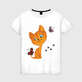 Женская футболка хлопок с принтом Котенок с бабочками в Курске, 100% хлопок | прямой крой, круглый вырез горловины, длина до линии бедер, слегка спущенное плечо | для девушек | котенок | котенок с бабочкой | кошки