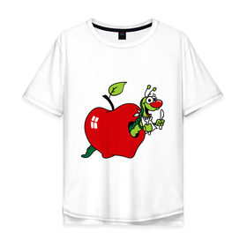 Мужская футболка хлопок Oversize с принтом Яблочко с червячком в Курске, 100% хлопок | свободный крой, круглый ворот, “спинка” длиннее передней части | apple | iphone | джобс | коммуникатор | комуникатор | пятый айфон | телефон | фрукт | червяк | яблоко