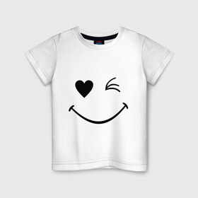 Детская футболка хлопок с принтом Подмигивающий смайлик в Курске, 100% хлопок | круглый вырез горловины, полуприлегающий силуэт, длина до линии бедер | smile | для девушек | мордочка | позитив | рожица | сердечко | смайл | смайлик | улыбка