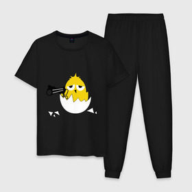 Мужская пижама хлопок с принтом Цыпленок гангстер (chicken gangster) в Курске, 100% хлопок | брюки и футболка прямого кроя, без карманов, на брюках мягкая резинка на поясе и по низу штанин
 | дуло | оружие | пистолет | птенчик | птичка | цыпа | яйцо