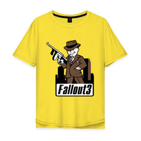 Мужская футболка хлопок Oversize с принтом Fallout Man with gun в Курске, 100% хлопок | свободный крой, круглый ворот, “спинка” длиннее передней части | Тематика изображения на принте: fallout | логотип | постапокалиптические | фаллаут | фоллаут