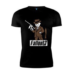 Мужская футболка премиум с принтом Fallout Man with gun в Курске, 92% хлопок, 8% лайкра | приталенный силуэт, круглый вырез ворота, длина до линии бедра, короткий рукав | Тематика изображения на принте: fallout | логотип | постапокалиптические | фаллаут | фоллаут