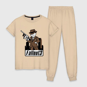 Женская пижама хлопок с принтом Fallout Man with gun в Курске, 100% хлопок | брюки и футболка прямого кроя, без карманов, на брюках мягкая резинка на поясе и по низу штанин | Тематика изображения на принте: fallout | логотип | постапокалиптические | фаллаут | фоллаут