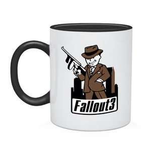 Кружка двухцветная с принтом Fallout Man with gun в Курске, керамика | объем — 330 мл, диаметр — 80 мм. Цветная ручка и кайма сверху, в некоторых цветах — вся внутренняя часть | fallout | логотип | постапокалиптические | фаллаут | фоллаут