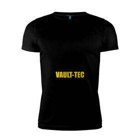 Мужская футболка премиум с принтом Fallout Vault-tec в Курске, 92% хлопок, 8% лайкра | приталенный силуэт, круглый вырез ворота, длина до линии бедра, короткий рукав | Тематика изображения на принте: fallout | логотип | постапокалиптические | фаллаут | фоллаут