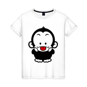 Женская футболка хлопок с принтом Веселая обезьянка в Курске, 100% хлопок | прямой крой, круглый вырез горловины, длина до линии бедер, слегка спущенное плечо | веселая | веселая обезьянка | животные | обезьяна | обезьянка | прикольные картинки