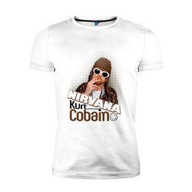 Мужская футболка премиум с принтом Kurt Cobain в очках в Курске, 92% хлопок, 8% лайкра | приталенный силуэт, круглый вырез ворота, длина до линии бедра, короткий рукав | kurt cobain | kurt cobain в очках | nirvana | музыка | нирвана