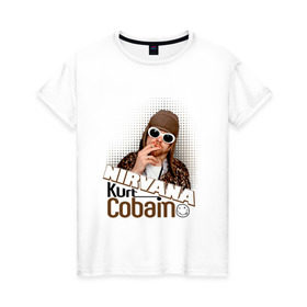 Женская футболка хлопок с принтом Kurt Cobain в очках в Курске, 100% хлопок | прямой крой, круглый вырез горловины, длина до линии бедер, слегка спущенное плечо | kurt cobain | kurt cobain в очках | nirvana | музыка | нирвана