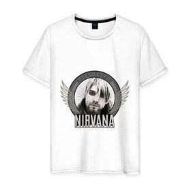 Мужская футболка хлопок с принтом Kurt Cobain с крыльями в Курске, 100% хлопок | прямой крой, круглый вырез горловины, длина до линии бедер, слегка спущенное плечо. | kurt cobain | nirvana | группы | курт кобейн | музыка | музыкальные группы. курт | нирвана
