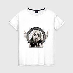 Женская футболка хлопок с принтом Kurt Cobain с крыльями в Курске, 100% хлопок | прямой крой, круглый вырез горловины, длина до линии бедер, слегка спущенное плечо | kurt cobain | nirvana | группы | курт кобейн | музыка | музыкальные группы. курт | нирвана