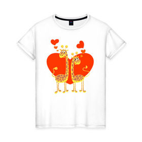 Женская футболка хлопок с принтом ЖИРАФЫ НА СЕРДЦЕ в Курске, 100% хлопок | прямой крой, круглый вырез горловины, длина до линии бедер, слегка спущенное плечо | 14 февраля | african | animals | february 14 | giraffes | hearts | love | lovers | valentines day | африканские | влюблённые | день святого валентина | животные | жирафы | любовь | сердца