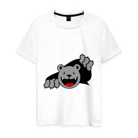 Мужская футболка хлопок с принтом Медведь вылезает из футболки в Курске, 100% хлопок | прямой крой, круглый вырез горловины, длина до линии бедер, слегка спущенное плечо. | медведь | прикольные картинки