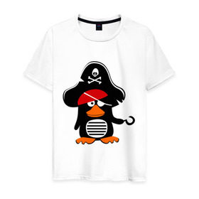 Мужская футболка хлопок с принтом Пингвин - тусовщик в Курске, 100% хлопок | прямой крой, круглый вырез горловины, длина до линии бедер, слегка спущенное плечо. | Тематика изображения на принте: пингвин | пират