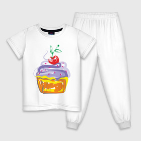 Детская пижама хлопок с принтом кексик в Курске, 100% хлопок |  брюки и футболка прямого кроя, без карманов, на брюках мягкая резинка на поясе и по низу штанин
 | Тематика изображения на принте: вишенка | еда | кексик | пироженка | сладости | тортики