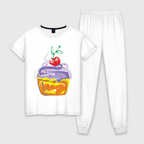 Женская пижама хлопок с принтом кексик в Курске, 100% хлопок | брюки и футболка прямого кроя, без карманов, на брюках мягкая резинка на поясе и по низу штанин | Тематика изображения на принте: вишенка | еда | кексик | пироженка | сладости | тортики