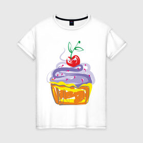 Женская футболка хлопок с принтом кексик в Курске, 100% хлопок | прямой крой, круглый вырез горловины, длина до линии бедер, слегка спущенное плечо | Тематика изображения на принте: вишенка | еда | кексик | пироженка | сладости | тортики