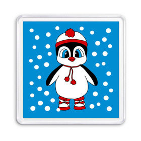 Магнит 55*55 с принтом Пингвиненок в снегу в Курске, Пластик | Размер: 65*65 мм; Размер печати: 55*55 мм | Тематика изображения на принте: пингвин