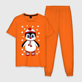 Мужская пижама хлопок с принтом Пингвин в снегу в Курске, 100% хлопок | брюки и футболка прямого кроя, без карманов, на брюках мягкая резинка на поясе и по низу штанин
 | пингвин