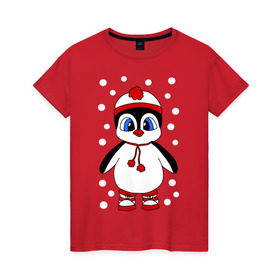 Женская футболка хлопок с принтом Пингвин в снегу в Курске, 100% хлопок | прямой крой, круглый вырез горловины, длина до линии бедер, слегка спущенное плечо | пингвин
