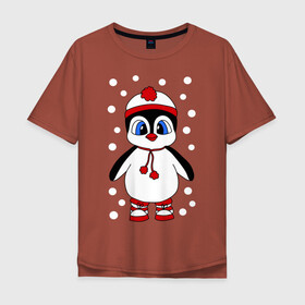Мужская футболка хлопок Oversize с принтом Пингвин в снегу в Курске, 100% хлопок | свободный крой, круглый ворот, “спинка” длиннее передней части | Тематика изображения на принте: пингвин