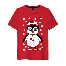 Мужская футболка хлопок с принтом Пингвин в снегу в Курске, 100% хлопок | прямой крой, круглый вырез горловины, длина до линии бедер, слегка спущенное плечо. | Тематика изображения на принте: пингвин
