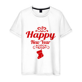Мужская футболка хлопок с принтом Happy new year, носок в Курске, 100% хлопок | прямой крой, круглый вырез горловины, длина до линии бедер, слегка спущенное плечо. | Тематика изображения на принте: 2013 | happy new year | new year | год змеи | дед мороз | новый год