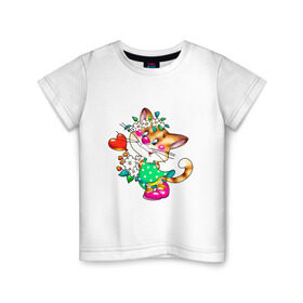 Детская футболка хлопок с принтом КИСКА С СЕРДЕЧКОМ в Курске, 100% хлопок | круглый вырез горловины, полуприлегающий силуэт, длина до линии бедер | детское | детям | для детей | киса | котенок | кошка