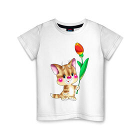 Детская футболка хлопок с принтом КОТ С ТЮЛЬПАНОМ в Курске, 100% хлопок | круглый вырез горловины, полуприлегающий силуэт, длина до линии бедер | детские | животные | звери | зверушка | киса | котенок | котик | цветок | цветочек