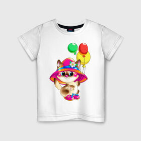 Детская футболка хлопок с принтом КИСКА В ШЛЯПЕ в Курске, 100% хлопок | круглый вырез горловины, полуприлегающий силуэт, длина до линии бедер | в шляпе | воздушные шарики | детские | животные | звери | зверушка | киса | котенок | шары