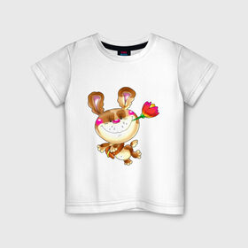 Детская футболка хлопок с принтом МЕДВЕДЬ С ТЮЛЬПАНОМ в Курске, 100% хлопок | круглый вырез горловины, полуприлегающий силуэт, длина до линии бедер | детские | животные | звери | зверушка | медвежонок | мишка | мишутка | цветок | цветочек