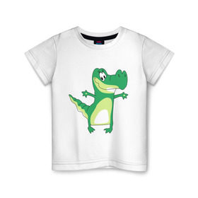Детская футболка хлопок с принтом КРОКОДИЛЬЧИК в Курске, 100% хлопок | круглый вырез горловины, полуприлегающий силуэт, длина до линии бедер | Тематика изображения на принте: аллигатор | детские | животные | звери | зверушки | крокодил