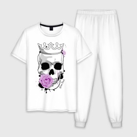 Мужская пижама хлопок с принтом Skull with rose в Курске, 100% хлопок | брюки и футболка прямого кроя, без карманов, на брюках мягкая резинка на поясе и по низу штанин
 | rock | rose | роза | рок | рок музыка | череп