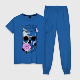 Женская пижама хлопок с принтом Skull with rose в Курске, 100% хлопок | брюки и футболка прямого кроя, без карманов, на брюках мягкая резинка на поясе и по низу штанин | rock | rose | роза | рок | рок музыка | череп