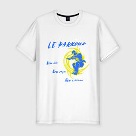 Мужская футболка премиум с принтом le parkour (паркур) в Курске, 92% хлопок, 8% лайкра | приталенный силуэт, круглый вырез ворота, длина до линии бедра, короткий рукав | new extreme | new life | new style | parkur | спорт | экстрим