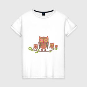 Женская футболка хлопок с принтом Совы на ветке в Курске, 100% хлопок | прямой крой, круглый вырез горловины, длина до линии бедер, слегка спущенное плечо | сова