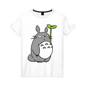 Женская футболка хлопок с принтом TOTORO с листом в Курске, 100% хлопок | прямой крой, круглый вырез горловины, длина до линии бедер, слегка спущенное плечо | totoro | totoro с листом | аниме | тоторо