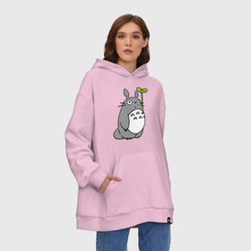 Худи SuperOversize хлопок с принтом TOTORO с листом в Курске, 70% хлопок, 30% полиэстер, мягкий начес внутри | карман-кенгуру, эластичная резинка на манжетах и по нижней кромке, двухслойный капюшон
 | totoro | totoro с листом | аниме | тоторо