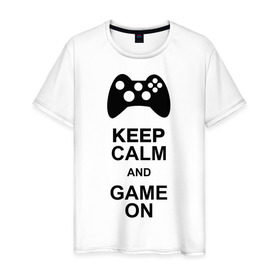 Мужская футболка хлопок с принтом Keep calm and game on в Курске, 100% хлопок | прямой крой, круглый вырез горловины, длина до линии бедер, слегка спущенное плечо. | game on | keep calm | джойстик | игра | играй | приставка
