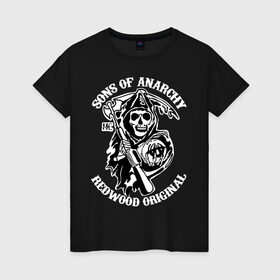 Женская футболка хлопок с принтом Sons of anarchy logo в Курске, 100% хлопок | прямой крой, круглый вырез горловины, длина до линии бедер, слегка спущенное плечо | скелет | сыны анархии