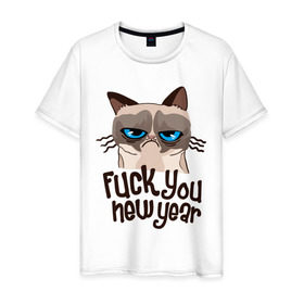 Мужская футболка хлопок с принтом Cat fuck you new year в Курске, 100% хлопок | прямой крой, круглый вырез горловины, длина до линии бедер, слегка спущенное плечо. | cat | год змеи | интернет приколы | кошка | новый год | новый год 2013 | приколы