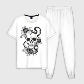 Мужская пижама хлопок с принтом череп роз в Курске, 100% хлопок | брюки и футболка прямого кроя, без карманов, на брюках мягкая резинка на поясе и по низу штанин
 | скелет