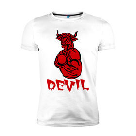 Мужская футболка премиум с принтом красный дьяволёнок в Курске, 92% хлопок, 8% лайкра | приталенный силуэт, круглый вырез ворота, длина до линии бедра, короткий рукав | devil | бицепсы | бык | бычара | гантеля | качок | мускулы | силовой спорт