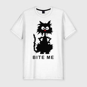 Мужская футболка премиум с принтом Bite me (черный кот) в Курске, 92% хлопок, 8% лайкра | приталенный силуэт, круглый вырез ворота, длина до линии бедра, короткий рукав | Тематика изображения на принте: киса | котенок