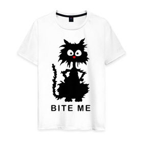 Мужская футболка хлопок с принтом Bite me (черный кот) в Курске, 100% хлопок | прямой крой, круглый вырез горловины, длина до линии бедер, слегка спущенное плечо. | Тематика изображения на принте: киса | котенок