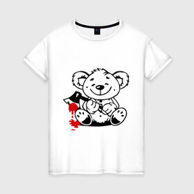 Женская футболка хлопок с принтом Мишка маньяк в Курске, 100% хлопок | прямой крой, круглый вырез горловины, длина до линии бедер, слегка спущенное плечо | животные | кровь | мишка | плюшевый мишка | ужасы